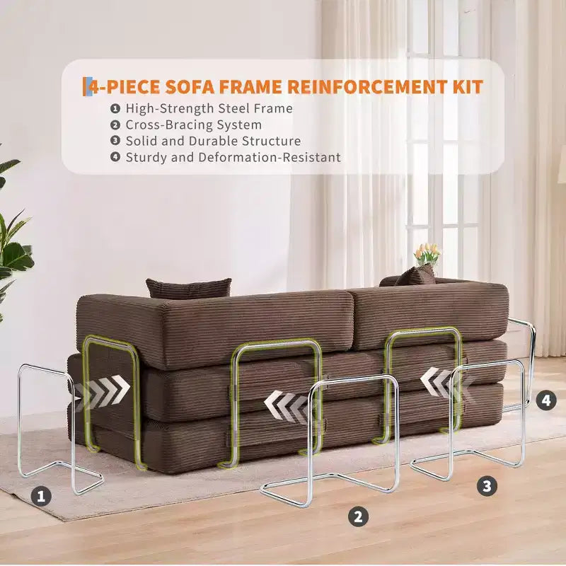 Canapé-lit convertible 5-en-1 en velours côtelé avec oreillers, futon pliant 79 po avec cadre fixe et accoudoirs amovibles pour petits espaces, aucun assemblage requis