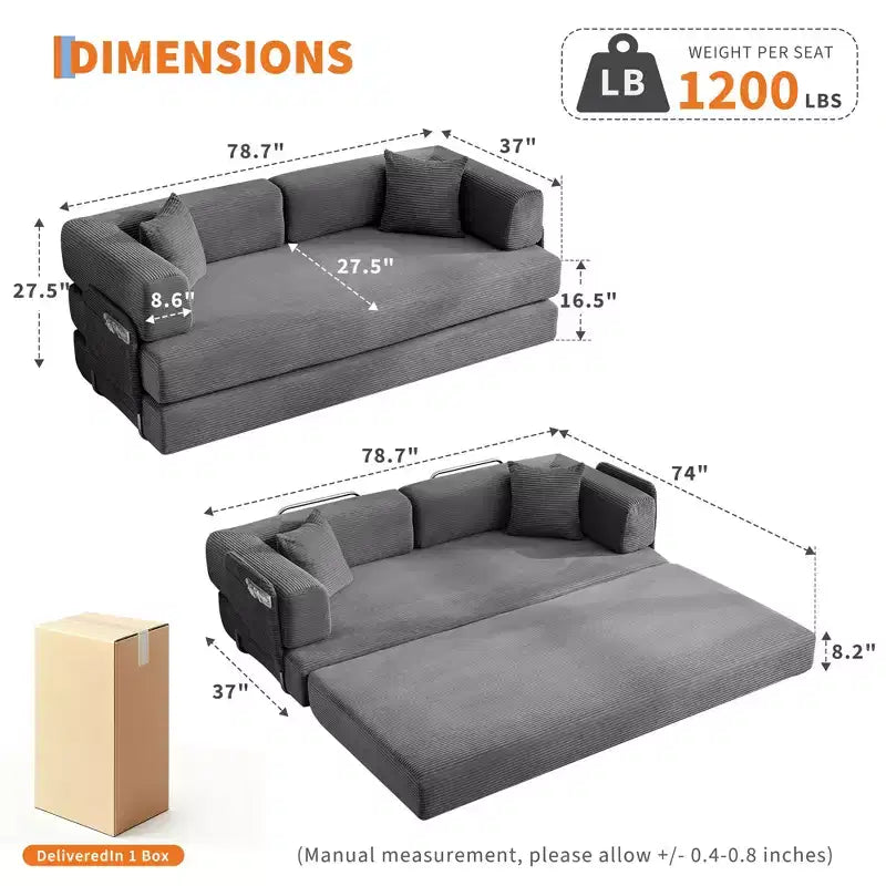 Canapé-lit convertible 5-en-1 en velours côtelé avec oreillers, futon pliant 79 po avec cadre fixe et accoudoirs amovibles pour petits espaces, aucun assemblage requis