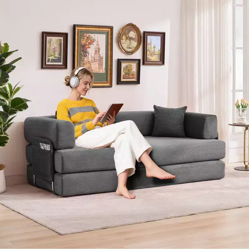 Canapé-lit convertible 5-en-1 en velours côtelé avec oreillers, futon pliant 79 po avec cadre fixe et accoudoirs amovibles pour petits espaces, aucun assemblage requis