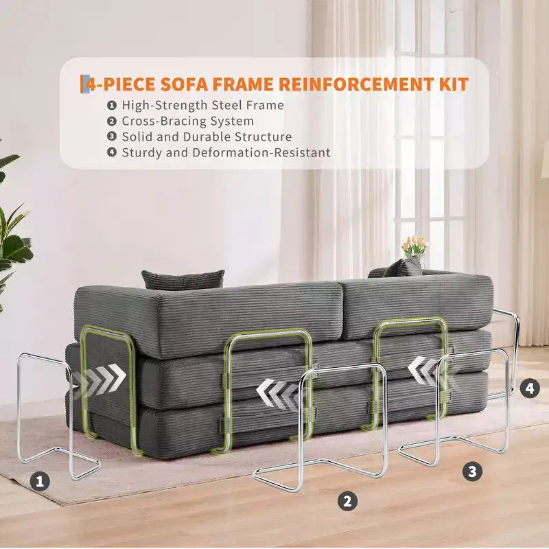 Canapé-lit convertible 5-en-1 en velours côtelé avec oreillers, futon pliant 79 po avec cadre fixe et accoudoirs amovibles pour petits espaces, aucun assemblage requis
