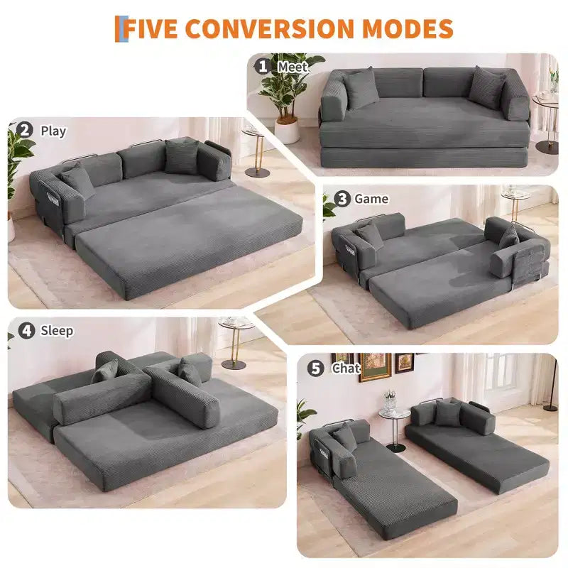 Canapé-lit convertible 5-en-1 en velours côtelé avec oreillers, futon pliant 79 po avec cadre fixe et accoudoirs amovibles pour petits espaces, aucun assemblage requis
