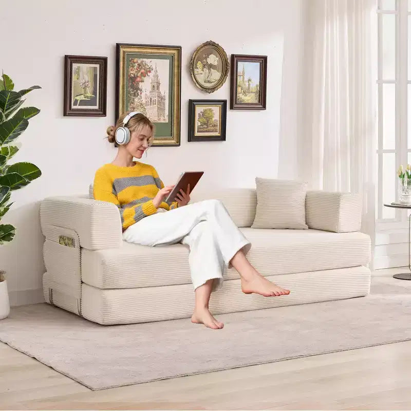 Canapé-lit convertible 5-en-1 en velours côtelé avec oreillers, futon pliant 79 po avec cadre fixe et accoudoirs amovibles pour petits espaces, aucun assemblage requis