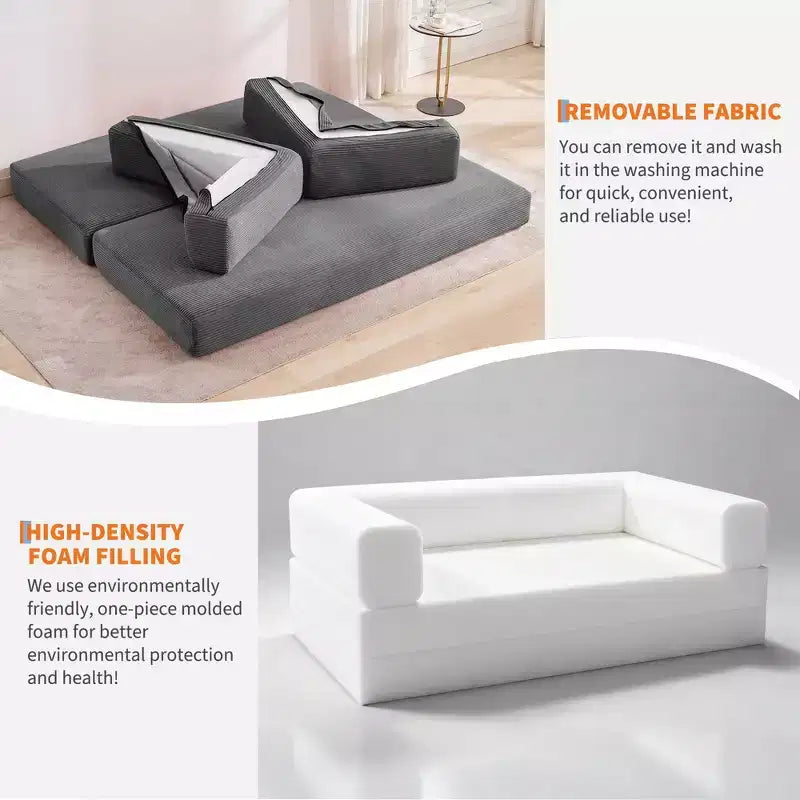 Canapé-lit convertible 5-en-1 en velours côtelé avec oreillers, futon pliant 79 po avec cadre fixe et accoudoirs amovibles pour petits espaces, aucun assemblage requis