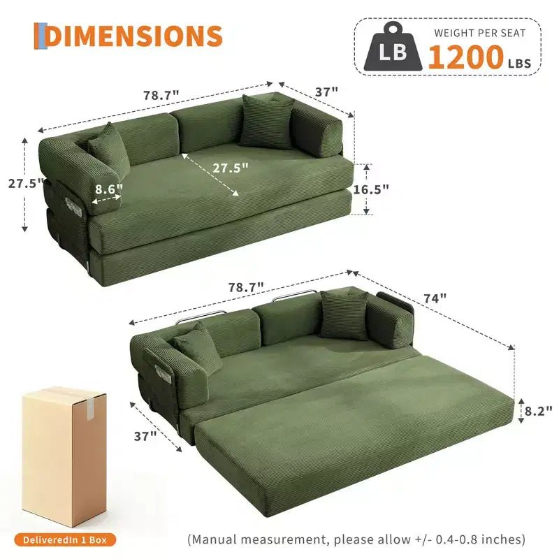 Canapé-lit convertible 5-en-1 en velours côtelé avec oreillers, futon pliant 79 po avec cadre fixe et accoudoirs amovibles pour petits espaces, aucun assemblage requis