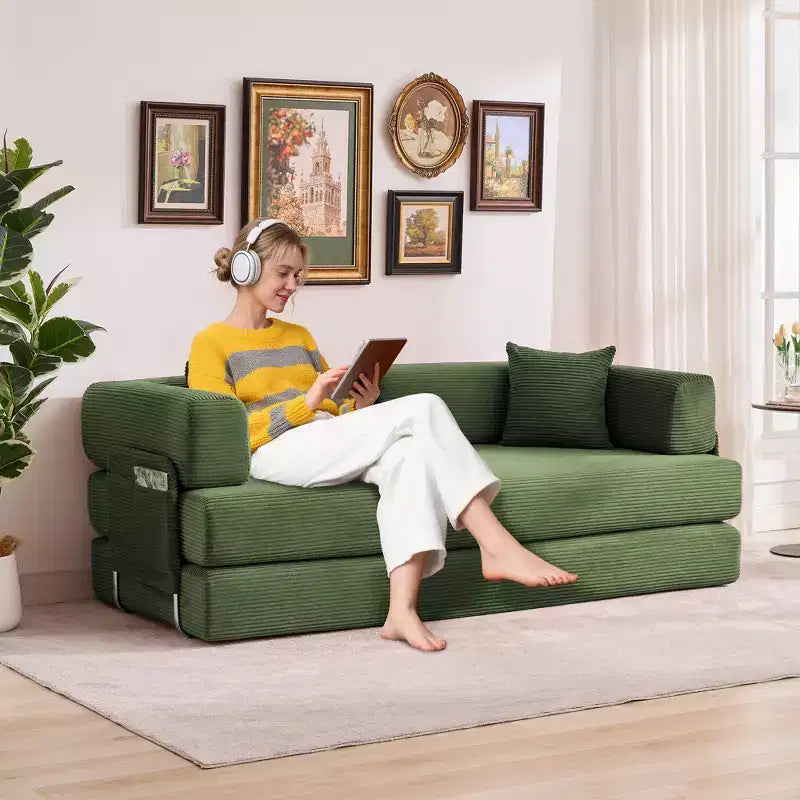 Canapé-lit convertible 5-en-1 en velours côtelé avec oreillers, futon pliant 79 po avec cadre fixe et accoudoirs amovibles pour petits espaces, aucun assemblage requis