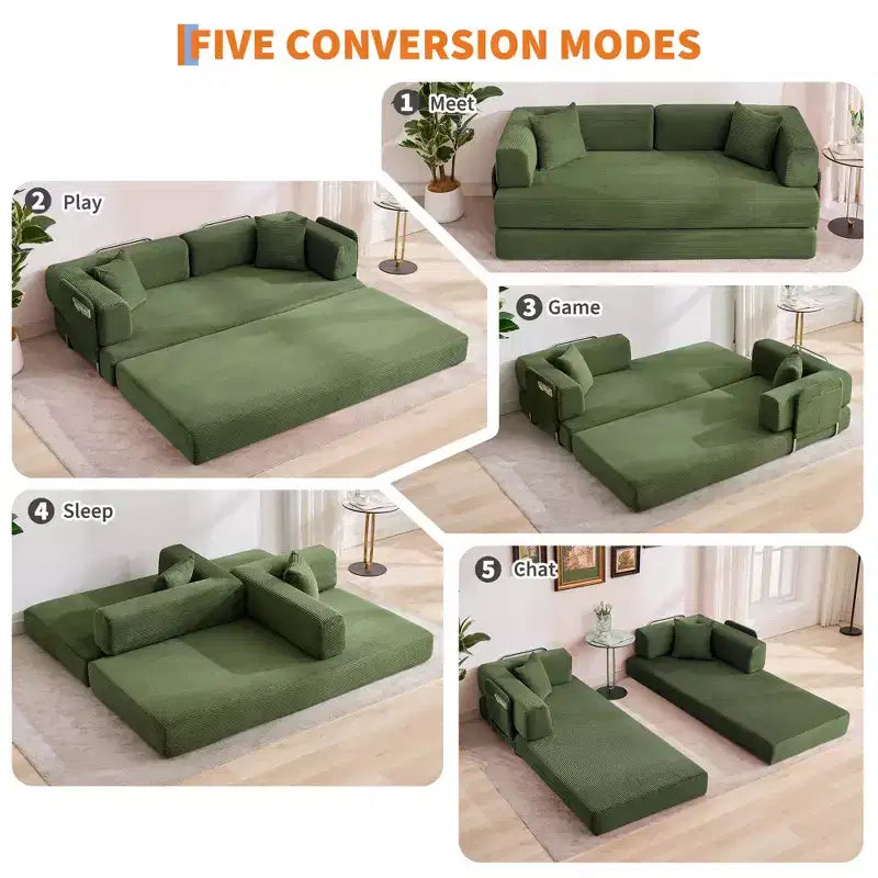 Canapé-lit convertible 5-en-1 en velours côtelé avec oreillers, futon pliant 79 po avec cadre fixe et accoudoirs amovibles pour petits espaces, aucun assemblage requis