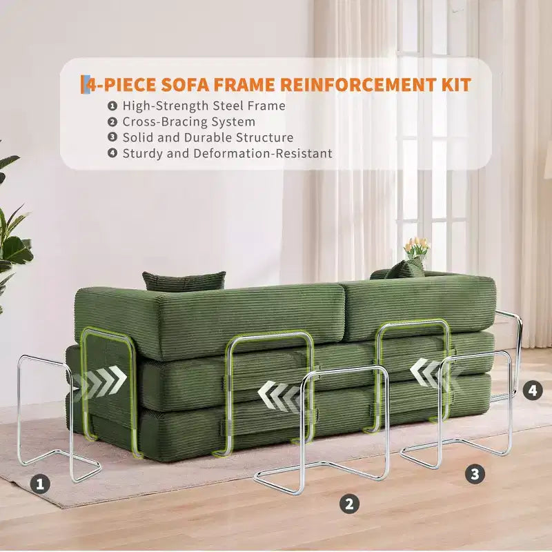 Canapé-lit convertible 5-en-1 en velours côtelé avec oreillers, futon pliant 79 po avec cadre fixe et accoudoirs amovibles pour petits espaces, aucun assemblage requis
