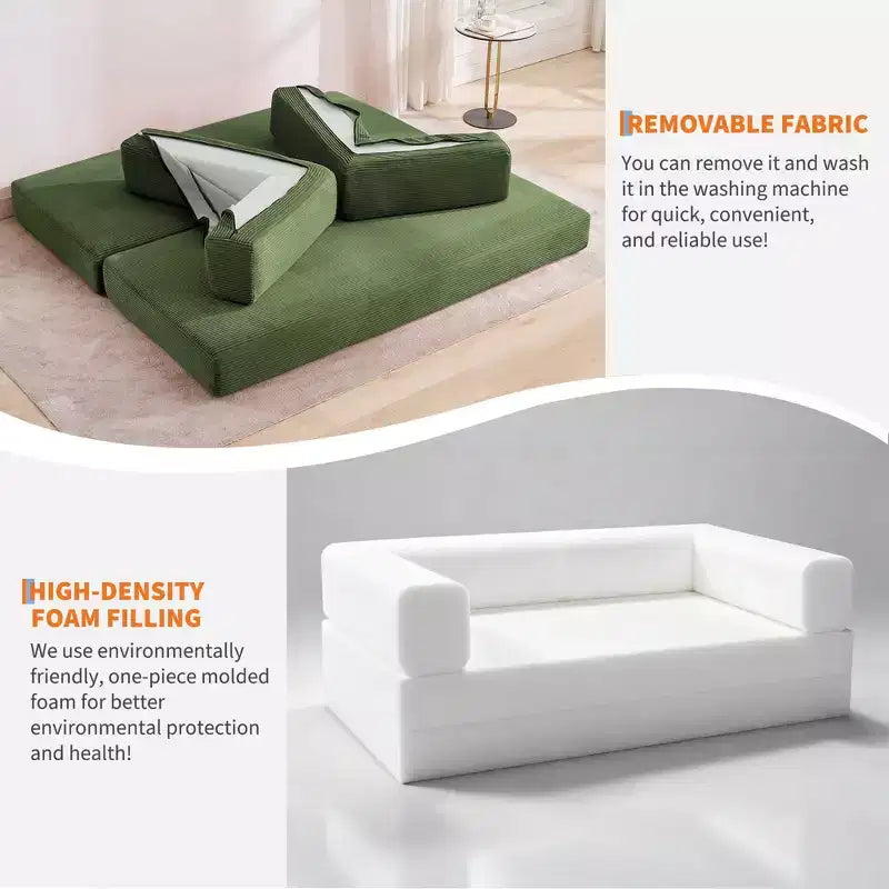 Canapé-lit convertible 5-en-1 en velours côtelé avec oreillers, futon pliant 79 po avec cadre fixe et accoudoirs amovibles pour petits espaces, aucun assemblage requis
