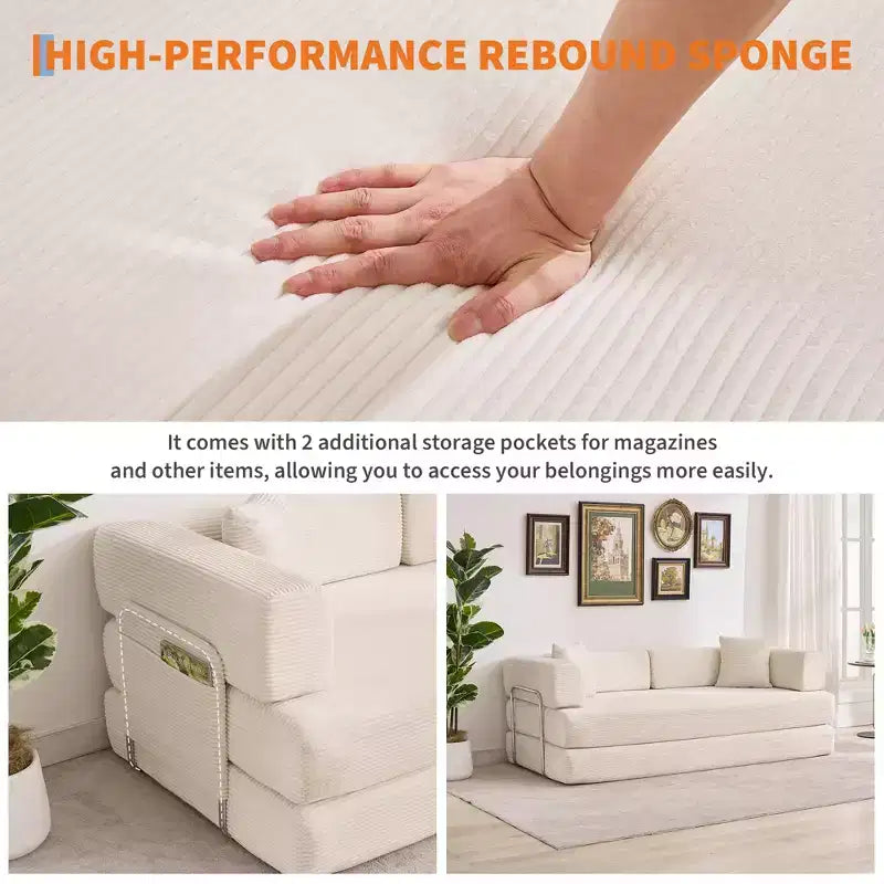 Canapé-lit convertible 5-en-1 en velours côtelé avec oreillers, futon pliant 79 po avec cadre fixe et accoudoirs amovibles pour petits espaces, aucun assemblage requis