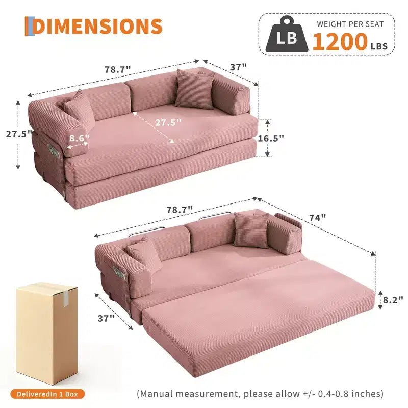 Canapé-lit convertible 5-en-1 en velours côtelé avec oreillers, futon pliant 79 po avec cadre fixe et accoudoirs amovibles pour petits espaces, aucun assemblage requis