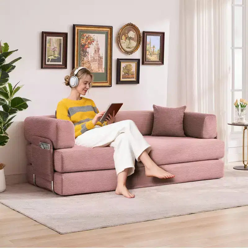 Canapé-lit convertible 5-en-1 en velours côtelé avec oreillers, futon pliant 79 po avec cadre fixe et accoudoirs amovibles pour petits espaces, aucun assemblage requis