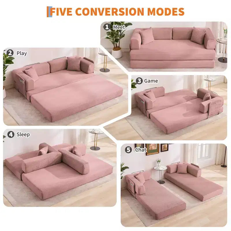 Canapé-lit convertible 5-en-1 en velours côtelé avec oreillers, futon pliant 79 po avec cadre fixe et accoudoirs amovibles pour petits espaces, aucun assemblage requis
