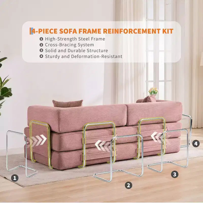 Canapé-lit convertible 5-en-1 en velours côtelé avec oreillers, futon pliant 79 po avec cadre fixe et accoudoirs amovibles pour petits espaces, aucun assemblage requis