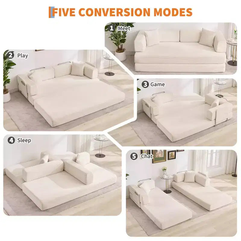 Canapé-lit convertible 5-en-1 en velours côtelé avec oreillers, futon pliant 79 po avec cadre fixe et accoudoirs amovibles pour petits espaces, aucun assemblage requis