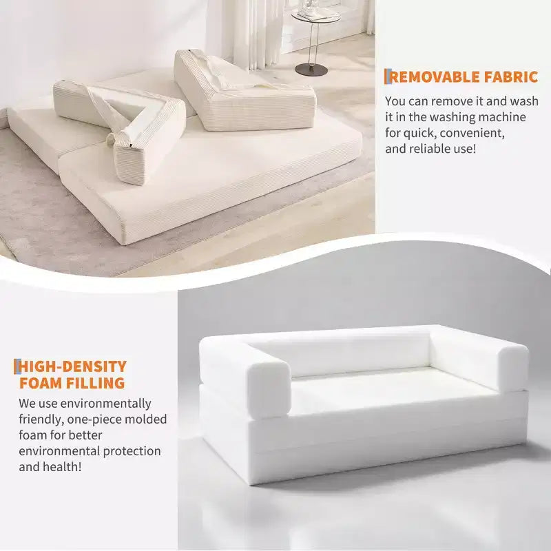 Canapé-lit convertible 5-en-1 en velours côtelé avec oreillers, futon pliant 79 po avec cadre fixe et accoudoirs amovibles pour petits espaces, aucun assemblage requis