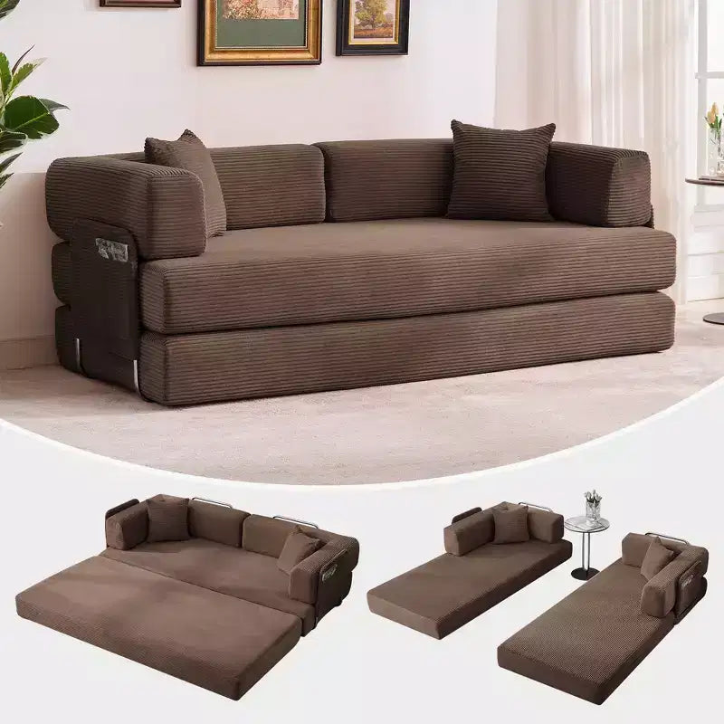 Canapé-lit convertible 5-en-1 en velours côtelé avec oreillers, futon pliant 79 po avec cadre fixe et accoudoirs amovibles pour petits espaces, aucun assemblage requis