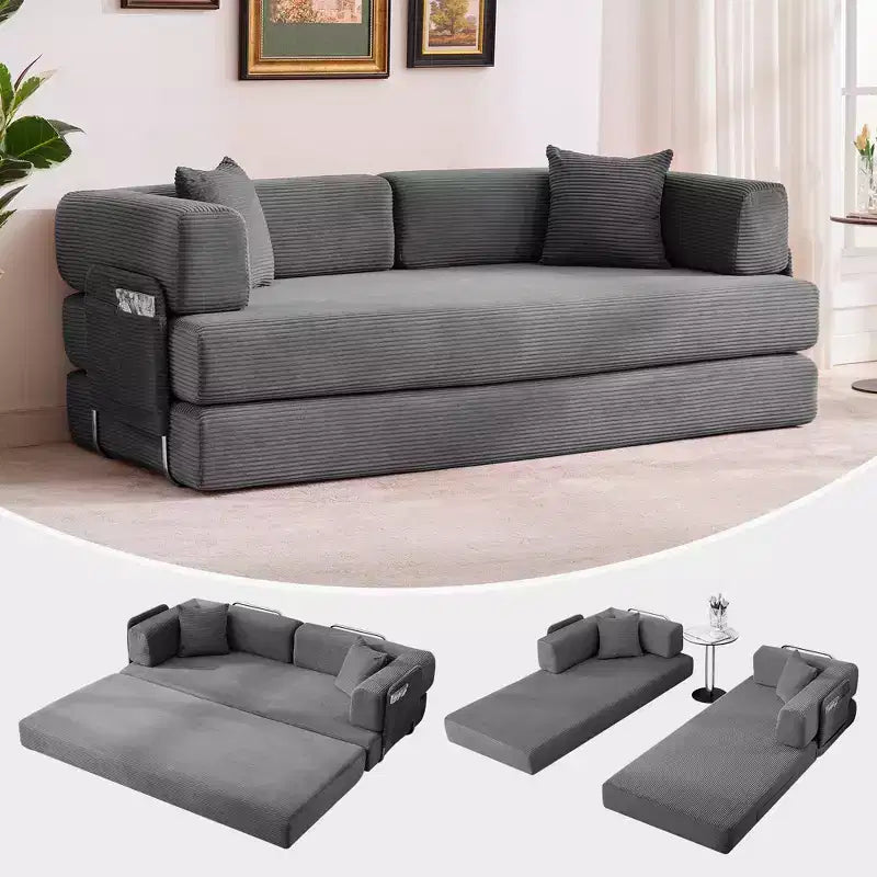 Canapé-lit convertible 5-en-1 en velours côtelé avec oreillers, futon pliant 79 po avec cadre fixe et accoudoirs amovibles pour petits espaces, aucun assemblage requis