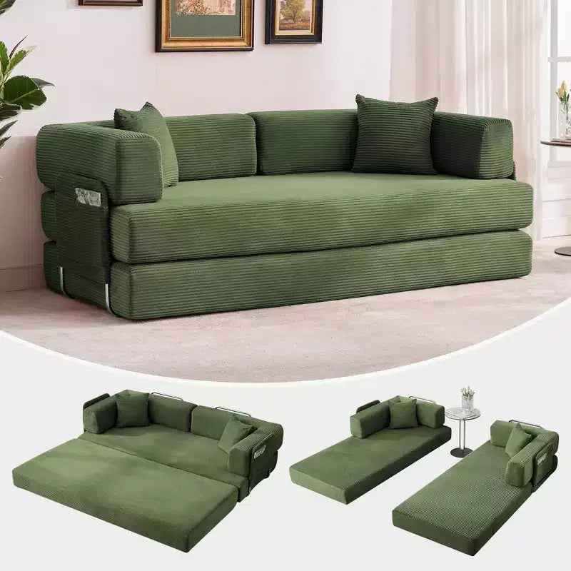 Canapé-lit convertible 5-en-1 en velours côtelé avec oreillers, futon pliant 79 po avec cadre fixe et accoudoirs amovibles pour petits espaces, aucun assemblage requis