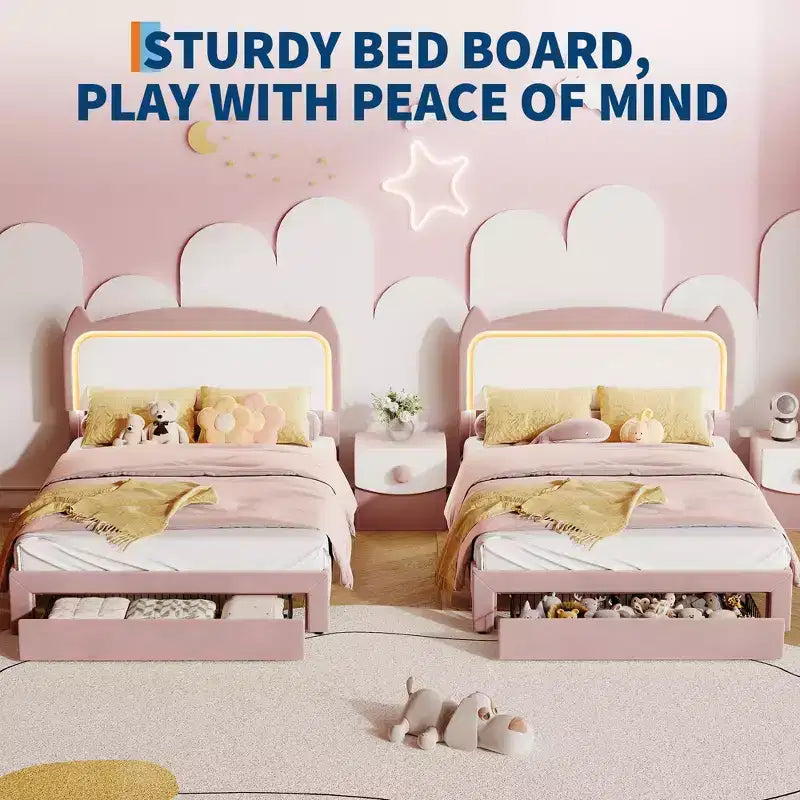 Cadre de lit, lit plateforme tête de chat avec lumières LED et tiroir de rangement, lit pour enfants avec lattes en bois sans bruit pour chambre de filles, pas besoin de sommier tapissier