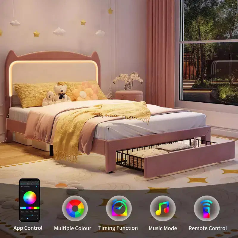 Cadre de lit, lit plateforme tête de chat avec lumières LED et tiroir de rangement, lit pour enfants avec lattes en bois sans bruit pour chambre de filles, pas besoin de sommier tapissier