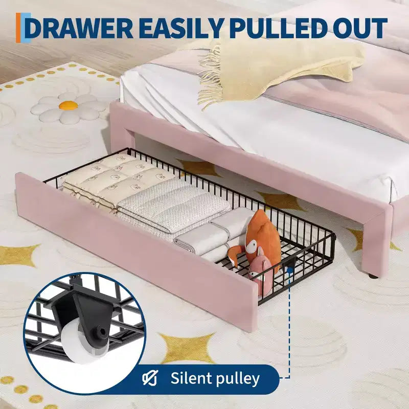 Cadre de lit, lit plateforme tête de chat avec lumières LED et tiroir de rangement, lit pour enfants avec lattes en bois sans bruit pour chambre de filles, pas besoin de sommier tapissier