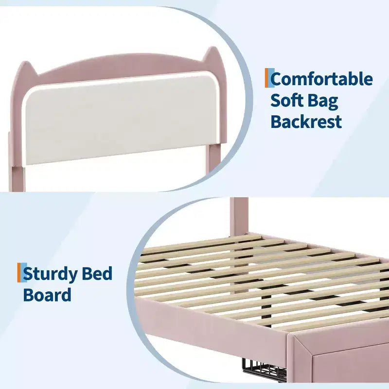 Cadre de lit, lit plateforme tête de chat avec lumières LED et tiroir de rangement, lit pour enfants avec lattes en bois sans bruit pour chambre de filles, pas besoin de sommier tapissier