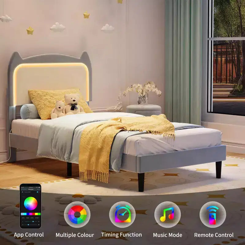 Cadre de lit, lit plateforme tête de chat avec lumières LED et tiroir de rangement, lit pour enfants avec lattes en bois sans bruit pour chambre de filles, pas besoin de sommier tapissier