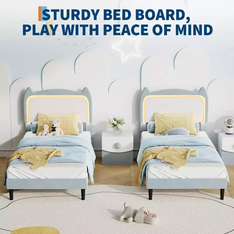 Cadre de lit, lit plateforme tête de chat avec lumières LED et tiroir de rangement, lit pour enfants avec lattes en bois sans bruit pour chambre de filles, pas besoin de sommier tapissier