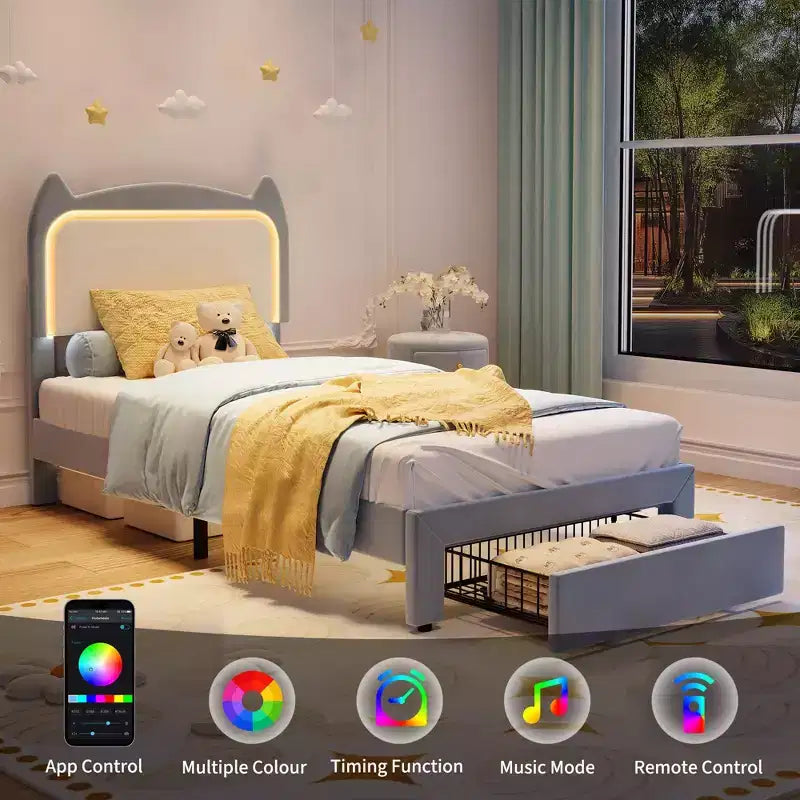 Cadre de lit, lit plateforme tête de chat avec lumières LED et tiroir de rangement, lit pour enfants avec lattes en bois sans bruit pour chambre de filles, pas besoin de sommier tapissier