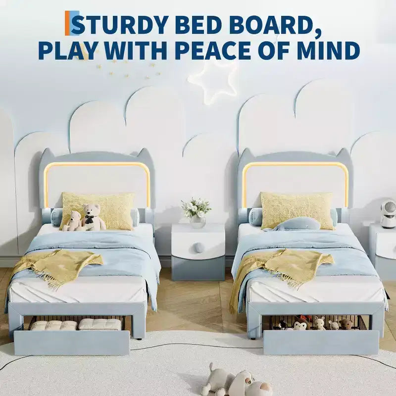 Cadre de lit, lit plateforme tête de chat avec lumières LED et tiroir de rangement, lit pour enfants avec lattes en bois sans bruit pour chambre de filles, pas besoin de sommier tapissier