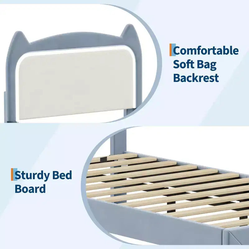 Cadre de lit, lit plateforme tête de chat avec lumières LED et tiroir de rangement, lit pour enfants avec lattes en bois sans bruit pour chambre de filles, pas besoin de sommier tapissier