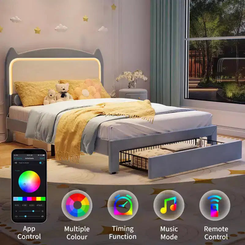 Cadre de lit, lit plateforme tête de chat avec lumières LED et tiroir de rangement, lit pour enfants avec lattes en bois sans bruit pour chambre de filles, pas besoin de sommier tapissier