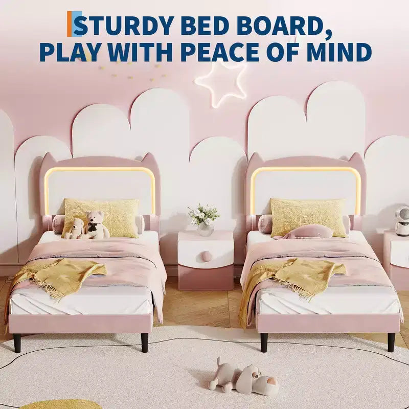 Cadre de lit, lit plateforme tête de chat avec lumières LED et tiroir de rangement, lit pour enfants avec lattes en bois sans bruit pour chambre de filles, pas besoin de sommier tapissier