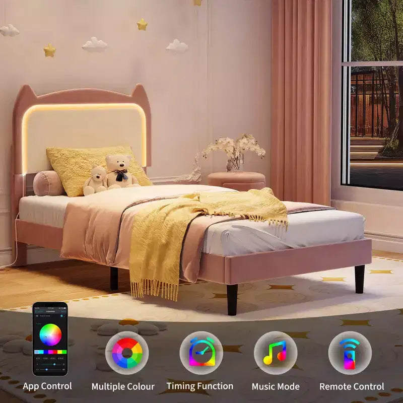 Cadre de lit, lit plateforme tête de chat avec lumières LED et tiroir de rangement, lit pour enfants avec lattes en bois sans bruit pour chambre de filles, pas besoin de sommier tapissier