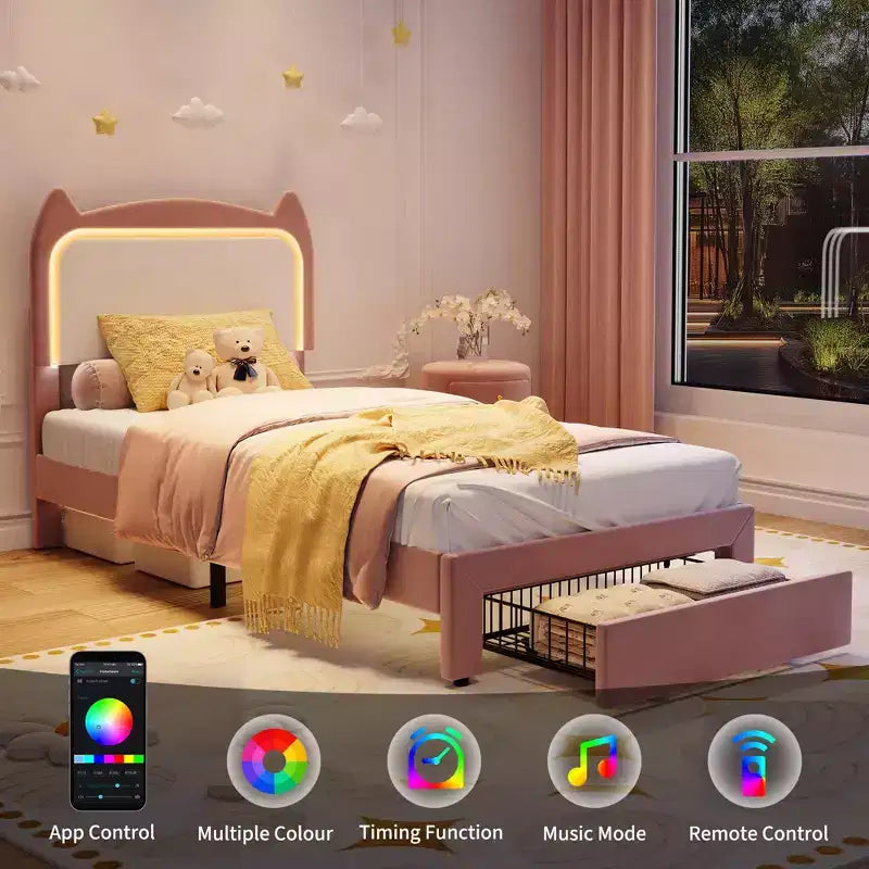 Cadre de lit, lit plateforme tête de chat avec lumières LED et tiroir de rangement, lit pour enfants avec lattes en bois sans bruit pour chambre de filles, pas besoin de sommier tapissier