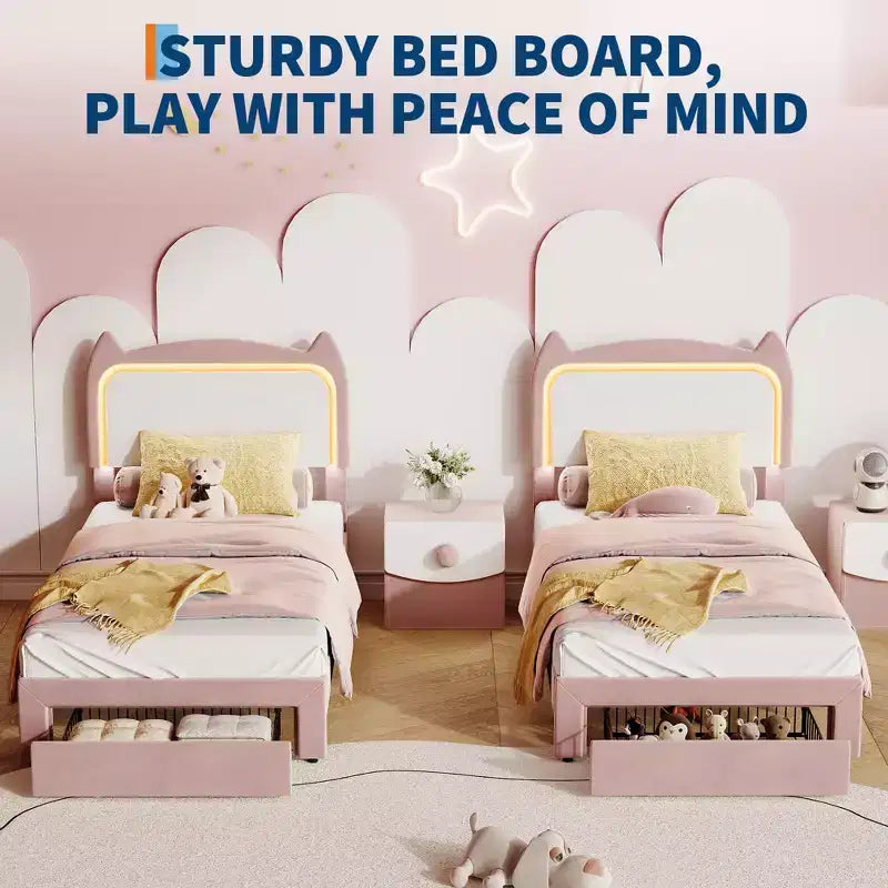 Cadre de lit, lit plateforme tête de chat avec lumières LED et tiroir de rangement, lit pour enfants avec lattes en bois sans bruit pour chambre de filles, pas besoin de sommier tapissier