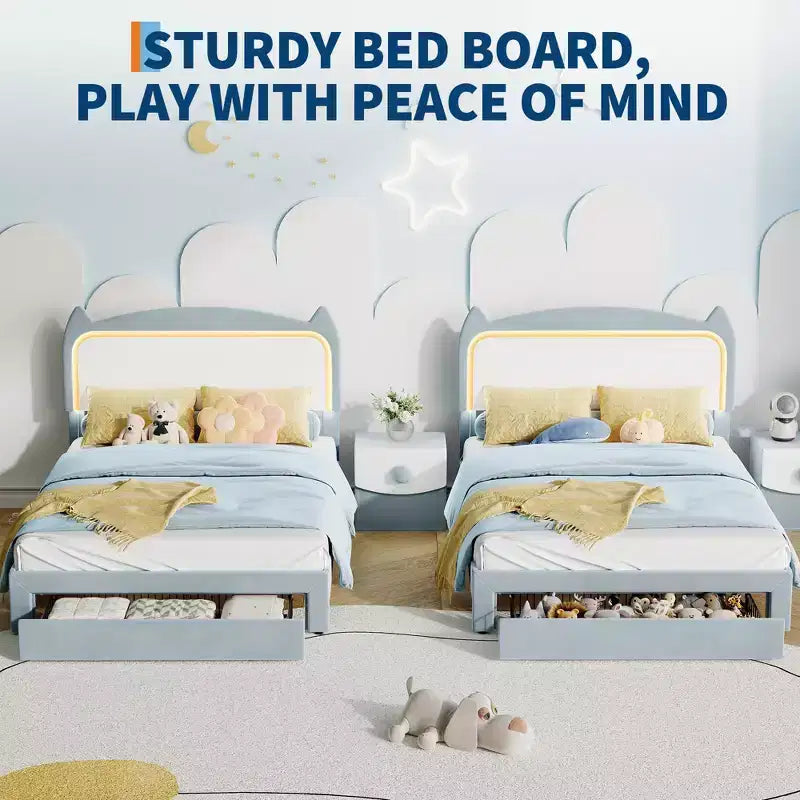 Cadre de lit, lit plateforme tête de chat avec lumières LED et tiroir de rangement, lit pour enfants avec lattes en bois sans bruit pour chambre de filles, pas besoin de sommier tapissier