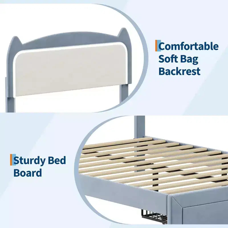 Cadre de lit, lit plateforme tête de chat avec lumières LED et tiroir de rangement, lit pour enfants avec lattes en bois sans bruit pour chambre de filles, pas besoin de sommier tapissier