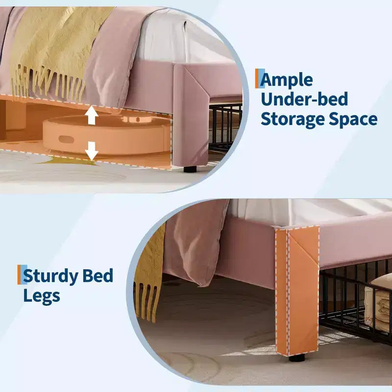 Cadre de lit, lit plateforme tête de chat avec lumières LED et tiroir de rangement, lit pour enfants avec lattes en bois sans bruit pour chambre de filles, pas besoin de sommier tapissier