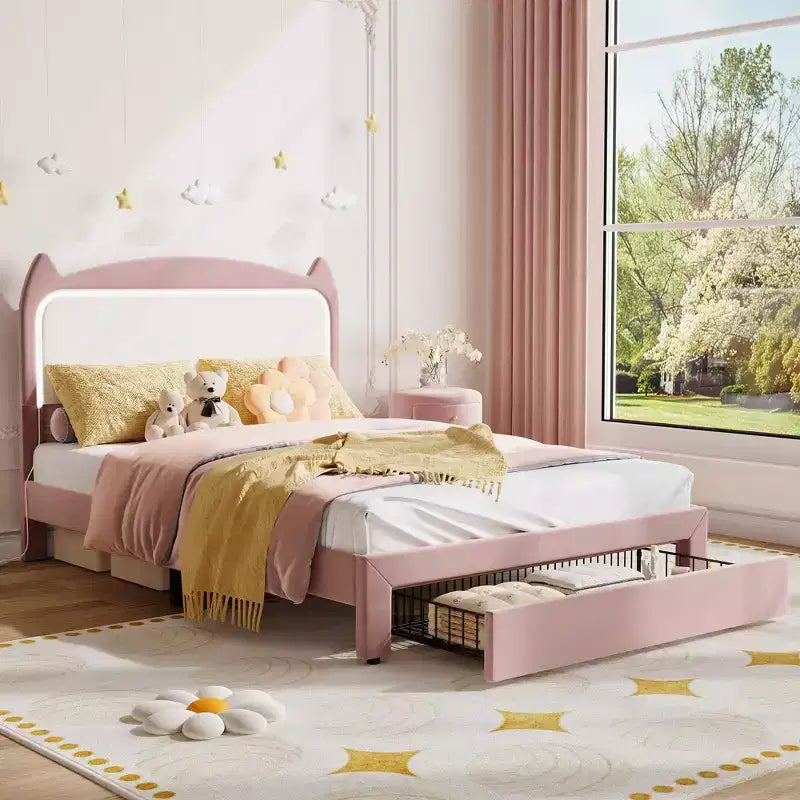 Cadre de lit, lit plateforme tête de chat avec lumières LED et tiroir de rangement, lit pour enfants avec lattes en bois sans bruit pour chambre de filles, pas besoin de sommier tapissier