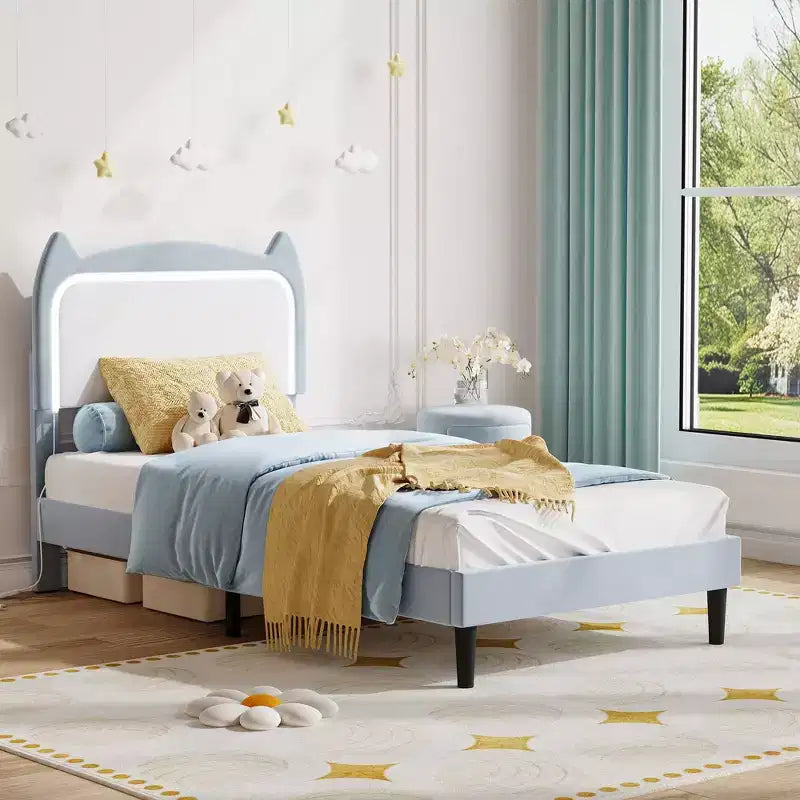 Cadre de lit, lit plateforme tête de chat avec lumières LED et tiroir de rangement, lit pour enfants avec lattes en bois sans bruit pour chambre de filles, pas besoin de sommier tapissier