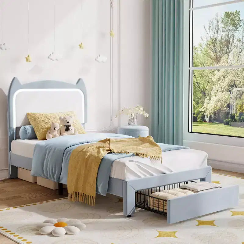 Cadre de lit, lit plateforme tête de chat avec lumières LED et tiroir de rangement, lit pour enfants avec lattes en bois sans bruit pour chambre de filles, pas besoin de sommier tapissier