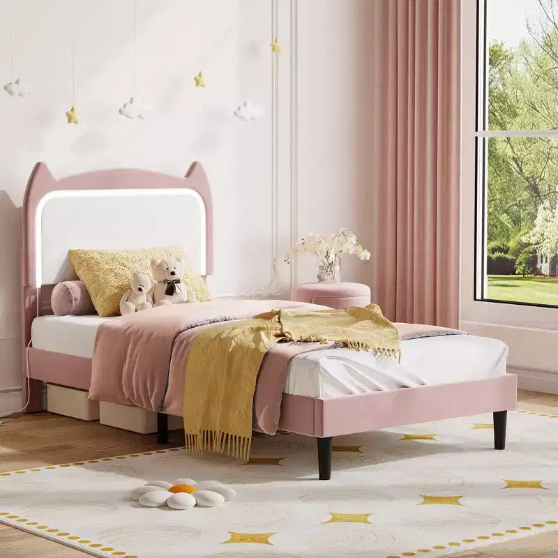 Cadre de lit, lit plateforme tête de chat avec lumières LED et tiroir de rangement, lit pour enfants avec lattes en bois sans bruit pour chambre de filles, pas besoin de sommier tapissier