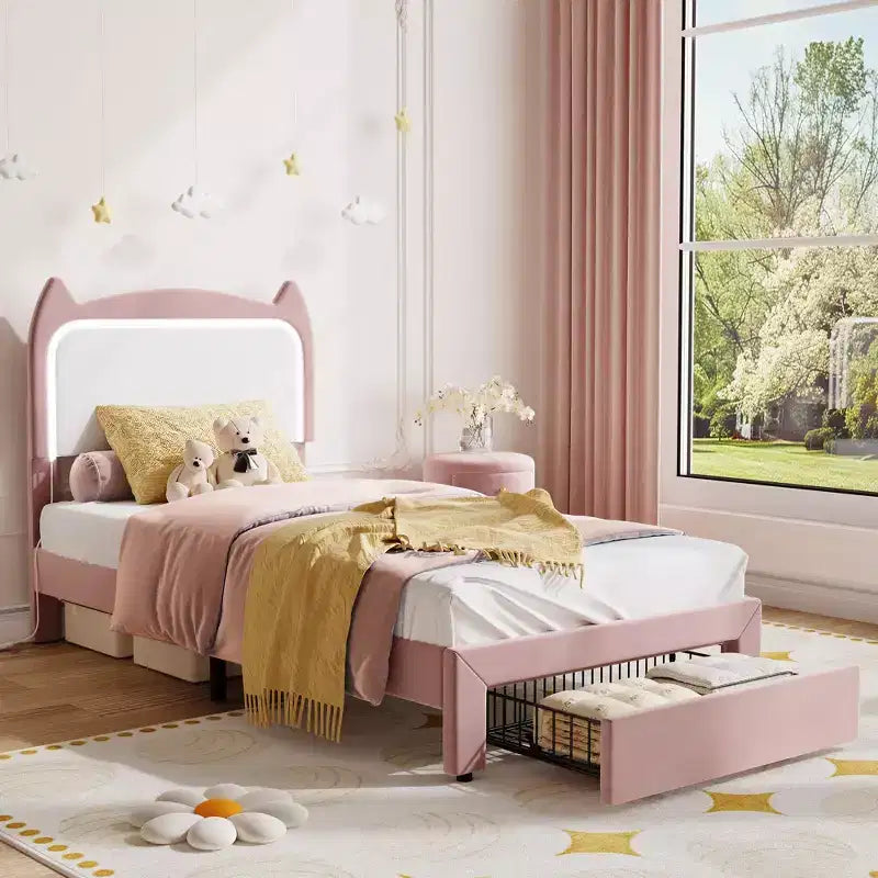Cadre de lit, lit plateforme tête de chat avec lumières LED et tiroir de rangement, lit pour enfants avec lattes en bois sans bruit pour chambre de filles, pas besoin de sommier tapissier
