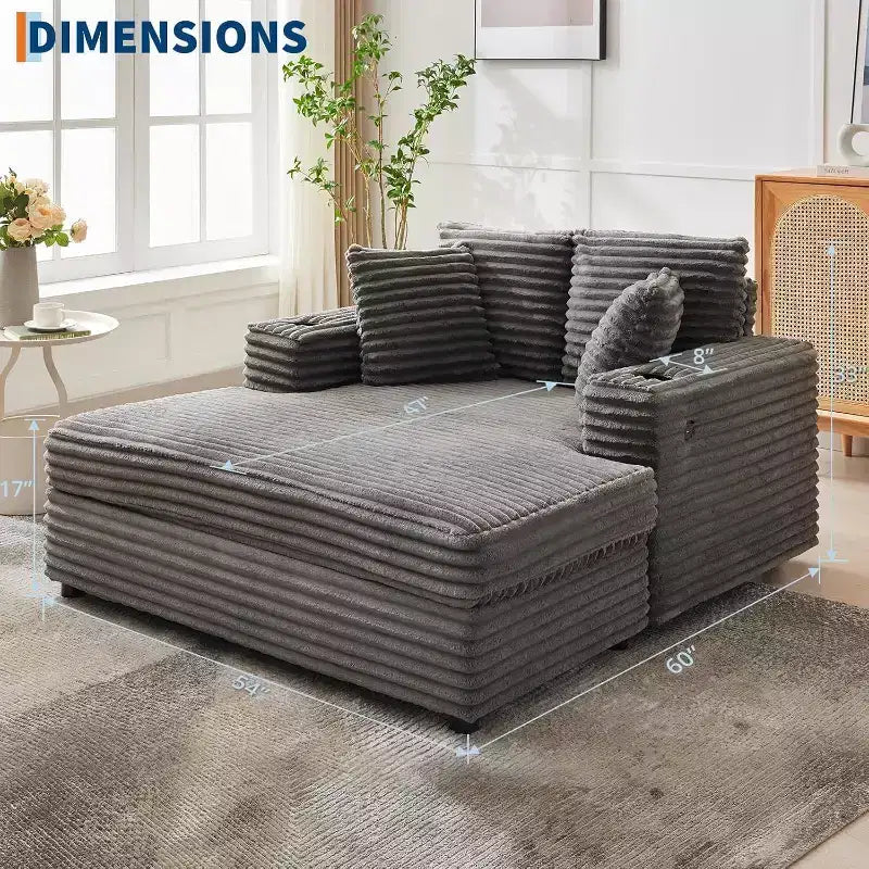 Grande chaise longue, lit de repos rembourré de 60 pouces avec coussins et accoudoirs, canapé-lit en velours côtelé pour salon, chambre à coucher