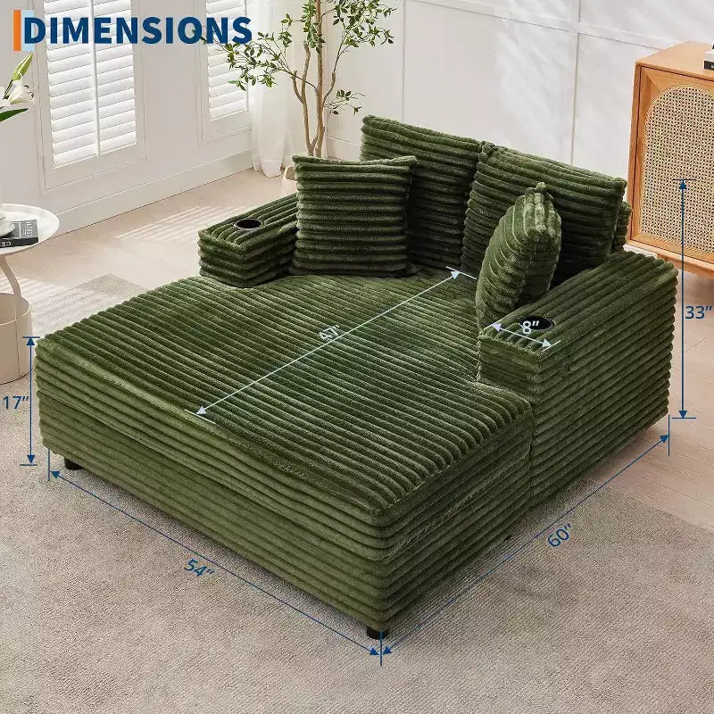 Grande chaise longue, lit de repos rembourré de 60 pouces avec coussins et accoudoirs, canapé-lit en velours côtelé pour salon, chambre à coucher