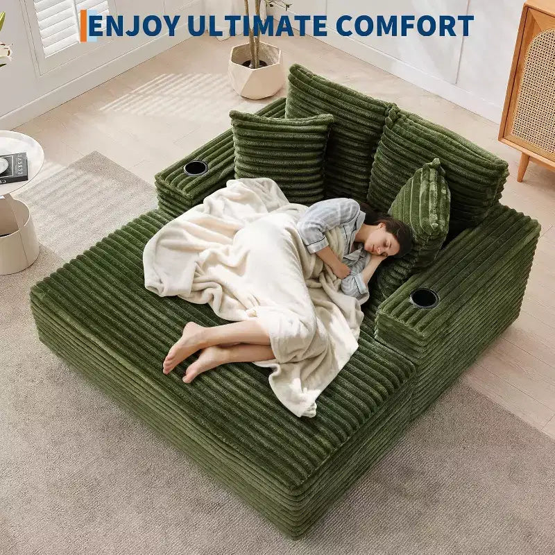 Grande chaise longue, lit de repos rembourré de 60 pouces avec coussins et accoudoirs, canapé-lit en velours côtelé pour salon, chambre à coucher
