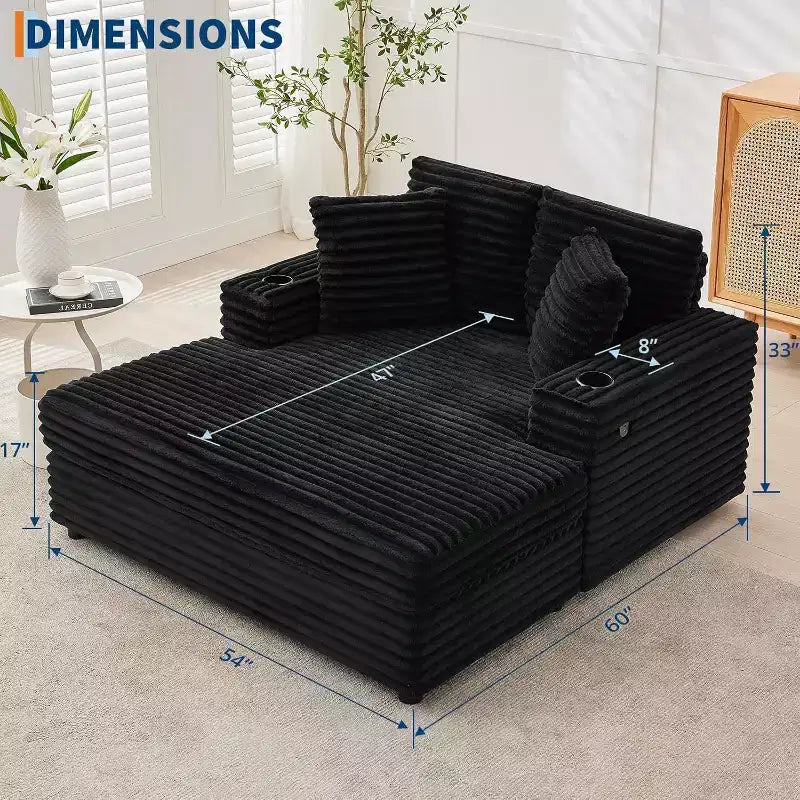 Grande chaise longue, lit de repos rembourré de 60 pouces avec coussins et accoudoirs, canapé-lit en velours côtelé pour salon, chambre à coucher