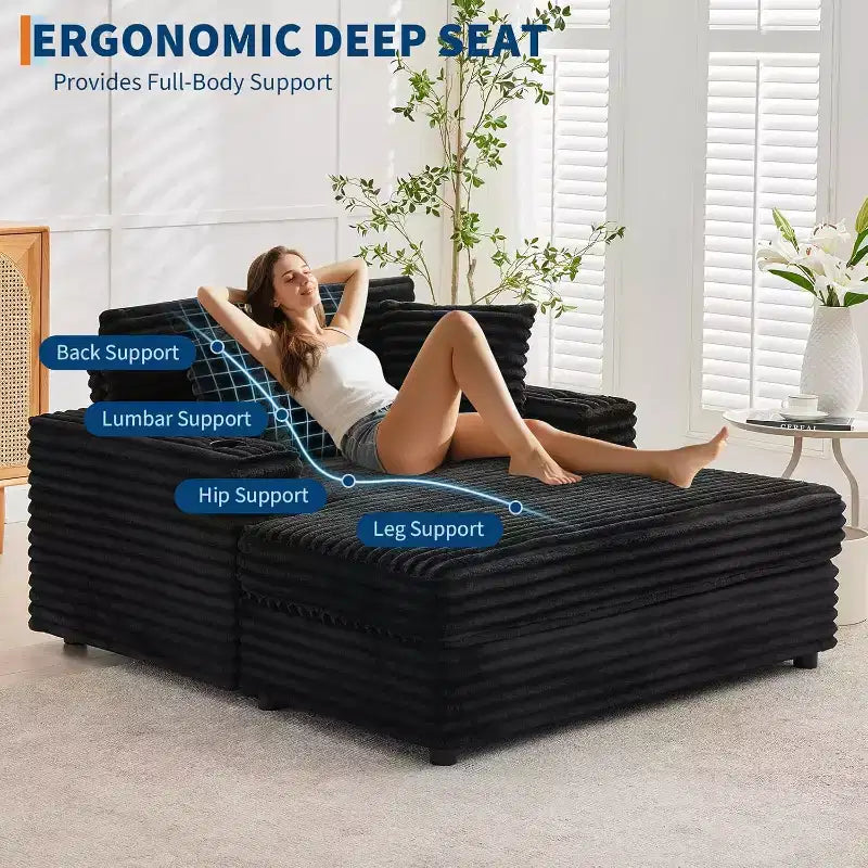 Grande chaise longue, lit de repos rembourré de 60 pouces avec coussins et accoudoirs, canapé-lit en velours côtelé pour salon, chambre à coucher