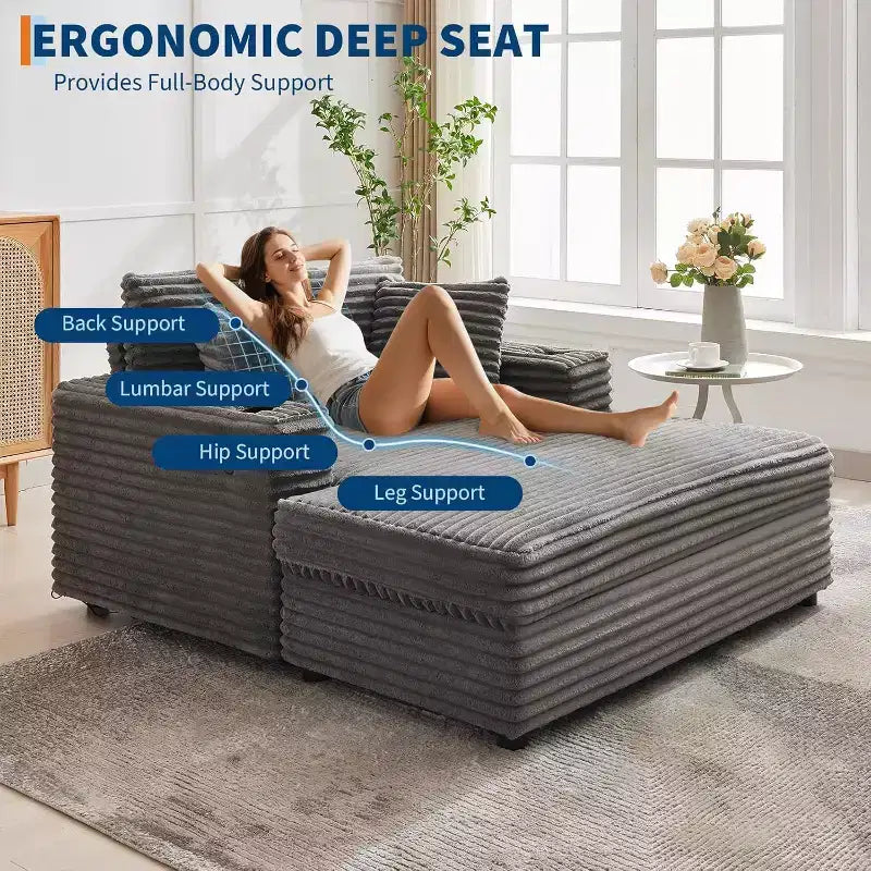 Grande chaise longue, lit de repos rembourré de 60 pouces avec coussins et accoudoirs, canapé-lit en velours côtelé pour salon, chambre à coucher